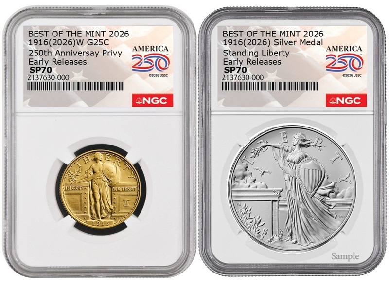 Pre 2026 W Standing Liberty Gold Coin &Silver Medal Set NGC SP70 ER W/OGP #2830