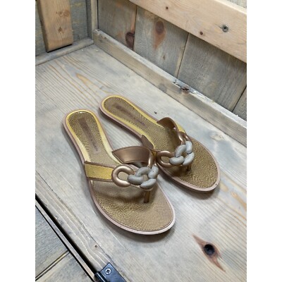 Grendha by Shakira Women's 8 Gold Yellow Flat Thong Sandals T-Strap Made in Braz