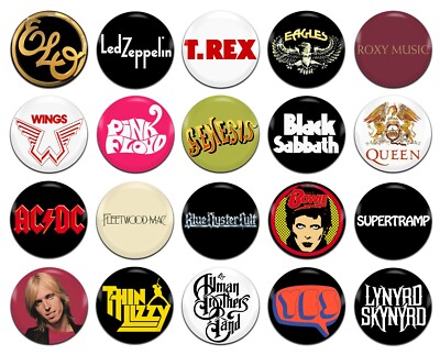 20x 70er Rock Bands Künstler Glam Metall Country 25mm/1 Zoll D Pin Button Anstecker