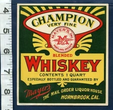 CHAMPION WHISKEY BOTTLE LABEL VINTAGE BAR DISPLAY ALCOHOL BLENDED MAYER'S DRINK