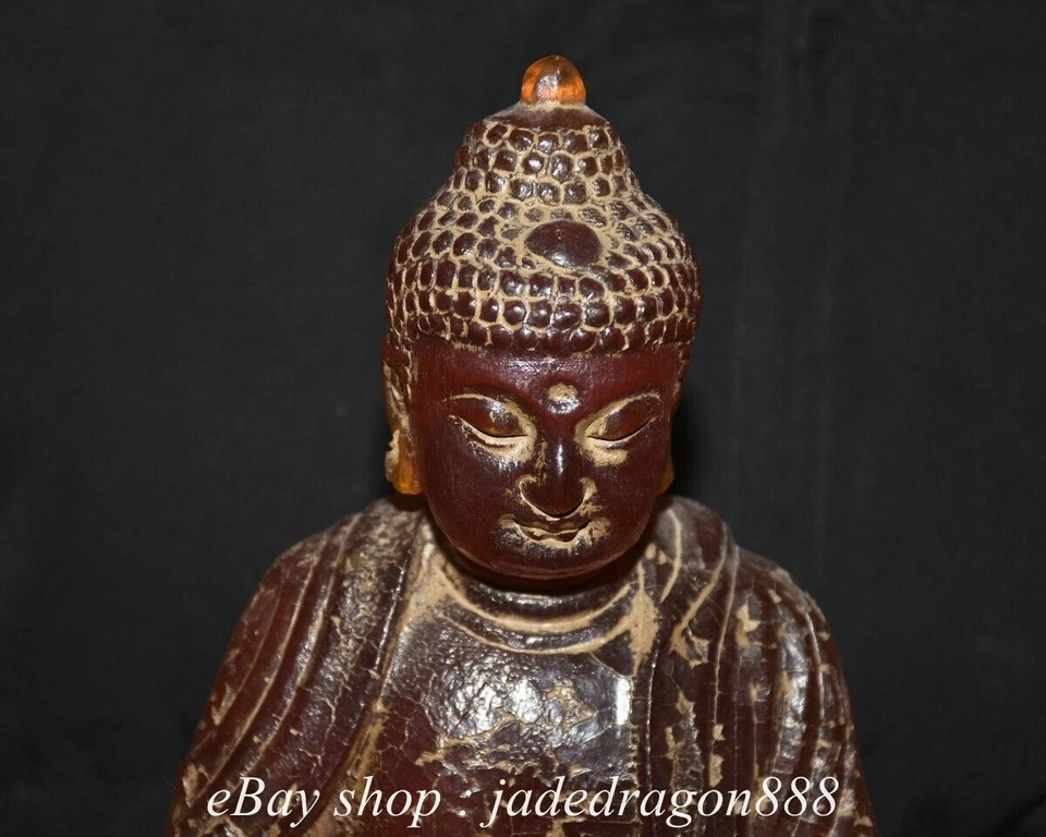 9.6" Chinese Buddhism Marked Red Amber Sit Shakyamuni Amitabha Buddha Statue - Image 2 of 4