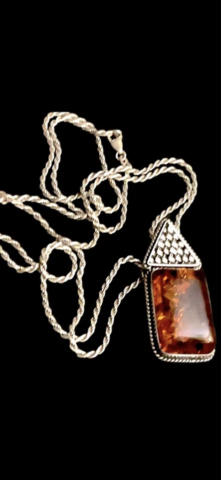 "Colgante ámbar de plata de ley 925 Lori Bonn con 30"" S.S." Cadena de cuerda trenzada Foto 4 de 4