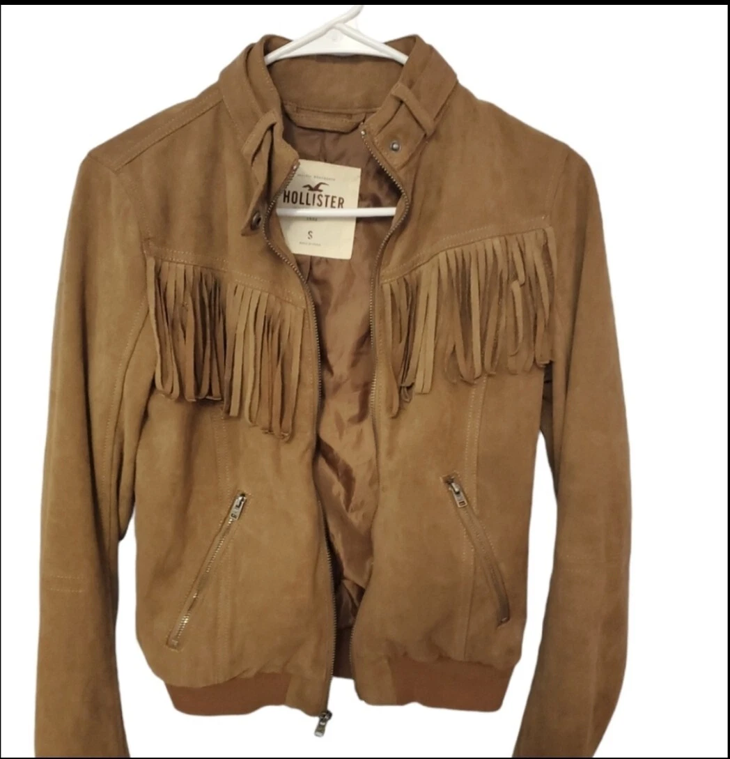 Hollister Women’s Faux Suede Fringe Jacket Brown Stretch Top Size Small S