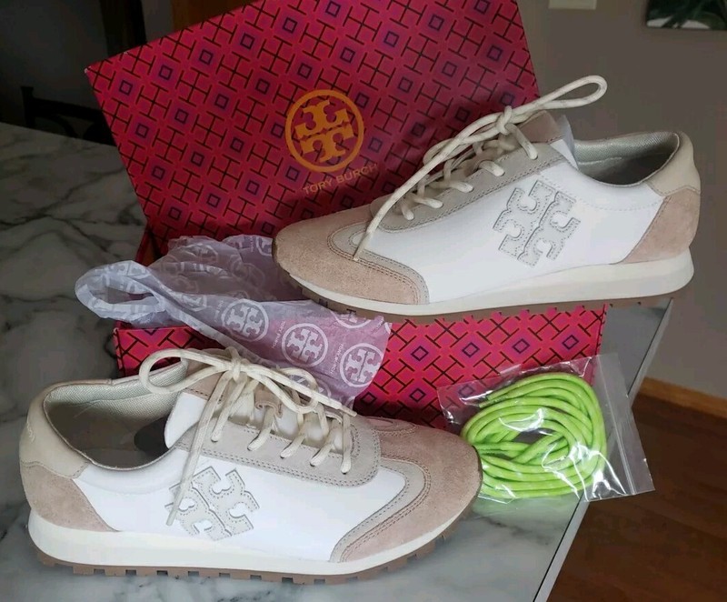 New Tory Burch Size 9 Vintage Anni Nylon Runner Trainer Sneaker Shoe White Beige