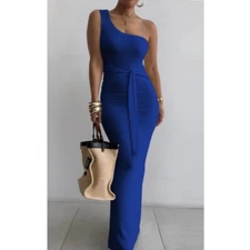 Women One-Shoulder Waist Tie Slim-Fit Pencil-Sleeveless Elegant Solid Long Dress