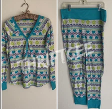 L Flirtitude Heart Fairisle Thermal Pajamas Set Top Pants Large Thin Waffle Knit