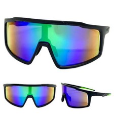 OVERSIZED SPORTY WRAP AROUND Biker Cycling Shield SUNGLASSES Large Black Frame