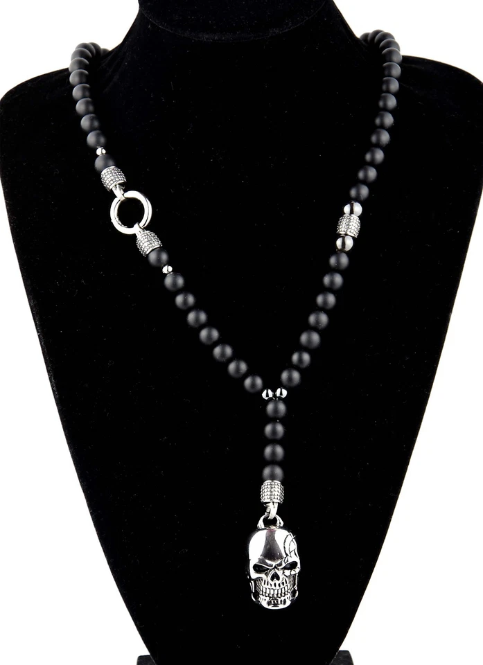Herren Onyx Schwarz Lava Halskette Rosenkranz HalbedelsteinTotenkopf Skull Biker - Bild 1 von 4