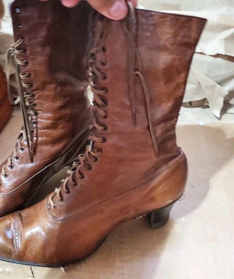 Antique Boots Brown Leather Edwardian Boots High Top Lace Up Shukraft Boots - Image 4 of 4