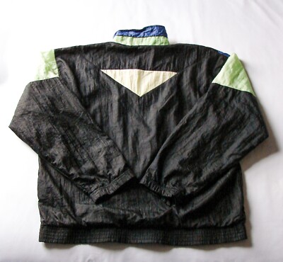【Euro Vintage】 90's Zip Tailored Jacket Mens Vintage 90s Sergio Tacchini Black Neon Crinkled Full Zip