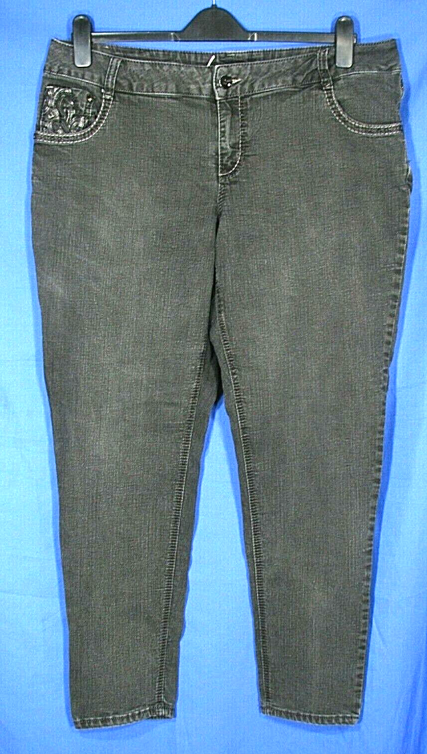 LANE BRYANT SKINNY JEANS Faded Black Denim FAUX LEATHER & CRYSTAL POCKET sz 18