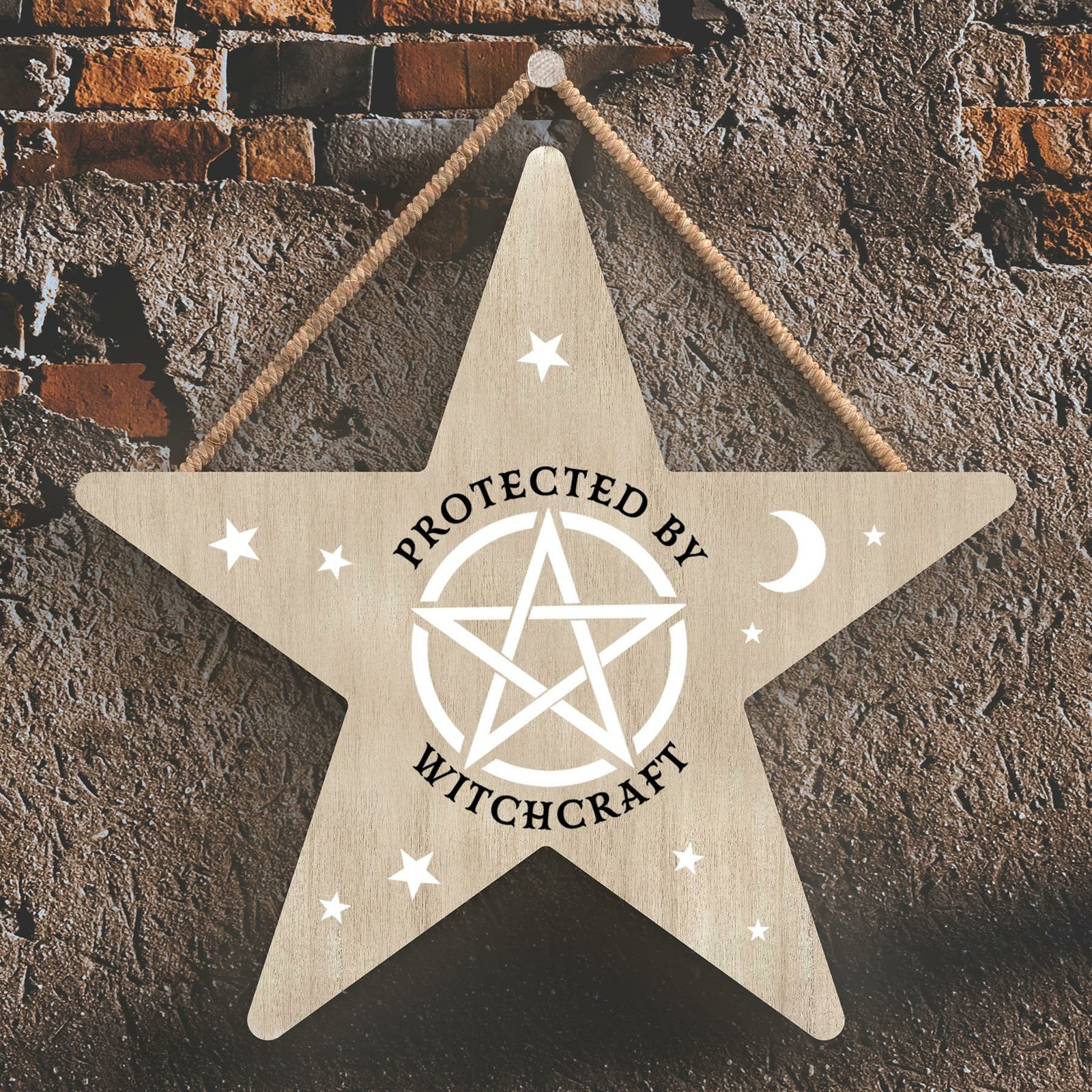 PROTECTED BY WITCHCRAFT STAR SHAPED WITCHCRAFT THEMED HALLOWEEN WOODEN PLAQUE