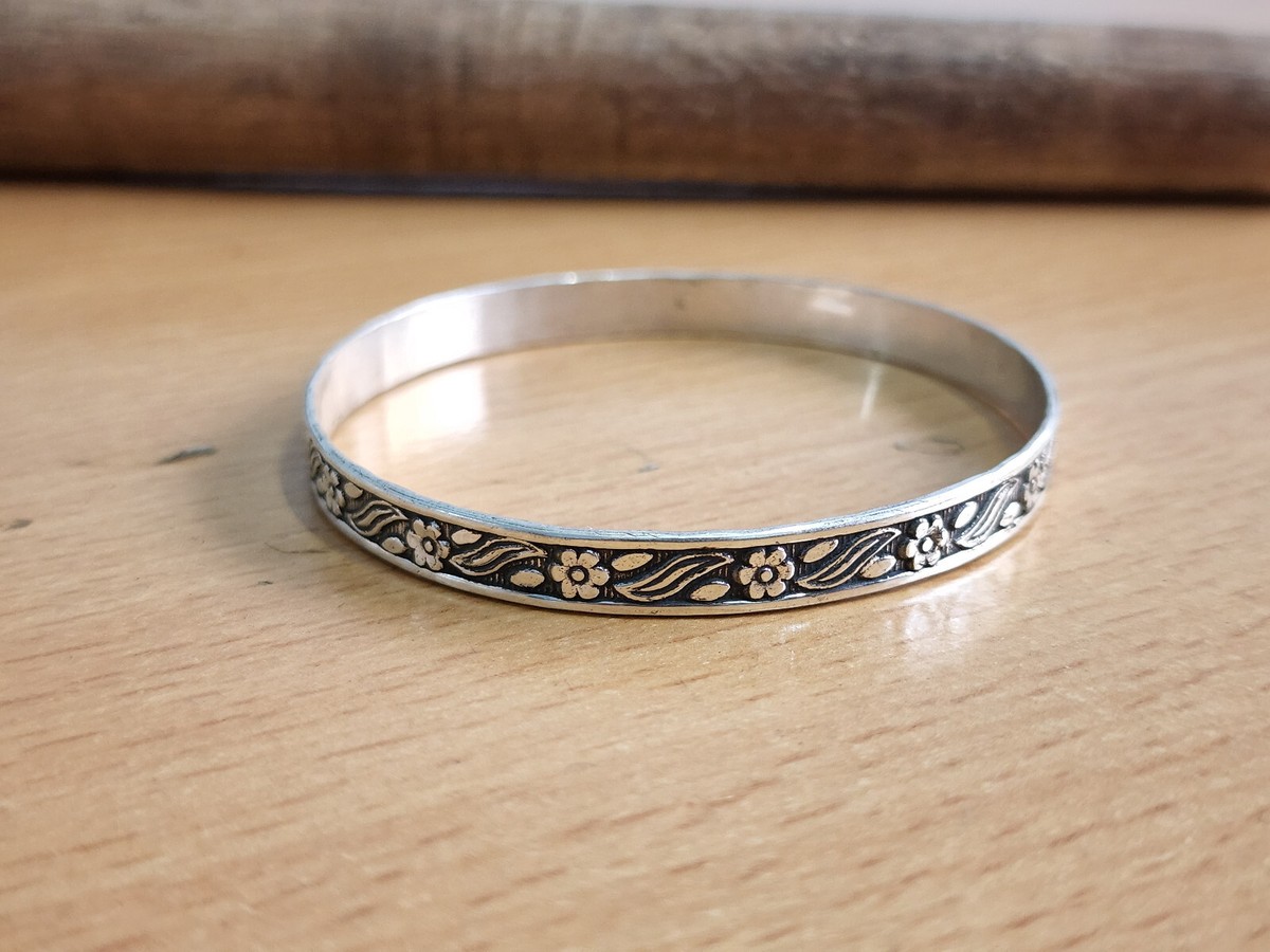 Floral & Leaf Design Thick Silver Bangle Solid 925 Sterling