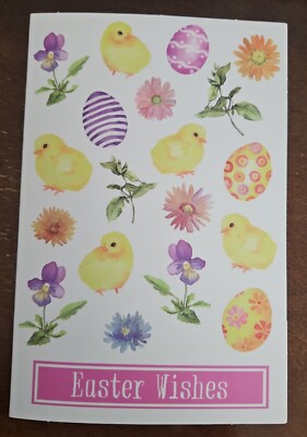 Easter themed blank notecard with envelope, cute baby chicks, flowers & eggs
