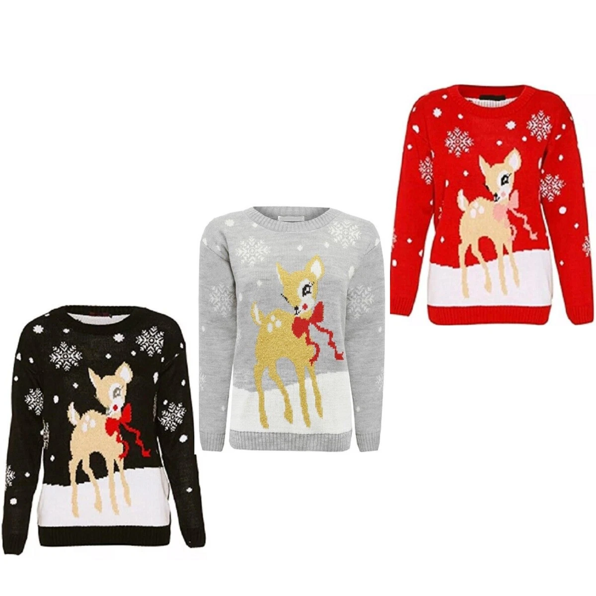 New Ladies Xmas Baby Deer Bambi Christmas Novelty Unisex Jumper Sweater Top