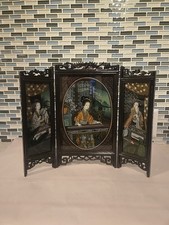 VTG Chinese Reverse Glass Hand Painted Tri Fold Table Screen Courtyard Beauties