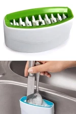 Kitchen Sink Suction Mount Dual Scrub Brush - Hand Wash Silverware & Knives