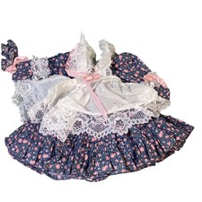 Vintage Doll Dress Floral Print Lace Trim Blue Pink Bows Baby Frilly Fancy