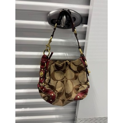 希少　COACH Optic Signature Carly Hobo Coach Carly Hobo Bag Brown Signature C Burgundy Leather Gold
