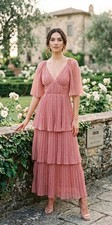 ASOS DESIGN Dobby Tiered Maxi Dress Dusty Pink Rose Flutter Sleeve Pleated Size6