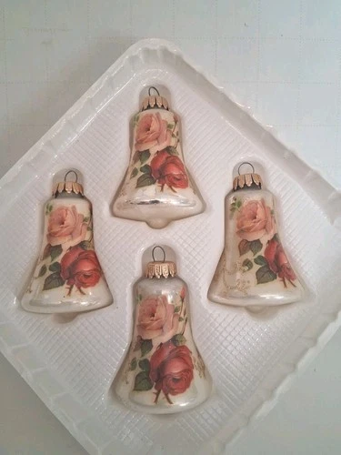 Christmas by Krebs Ornaments Rose Bells set of 4 Designer Glass with Crowns