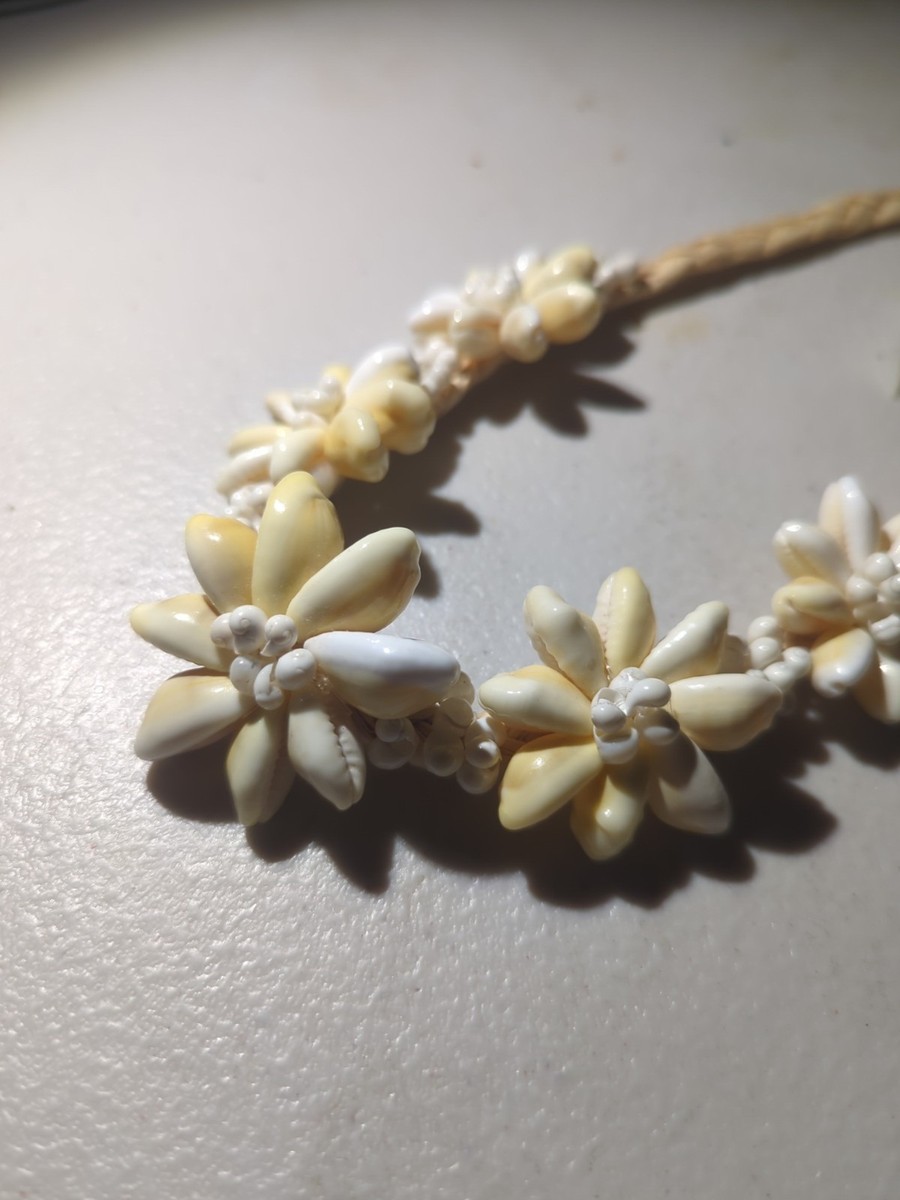 Cowrie Flower Braided Sea Grass Necklace Handmade Sea Shell-Vintage View 2
