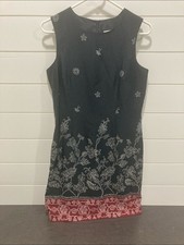 Kim Rogers Black Sleeveless Sheath Dress with Embroidered Hem-Size 10-EUC-Boho