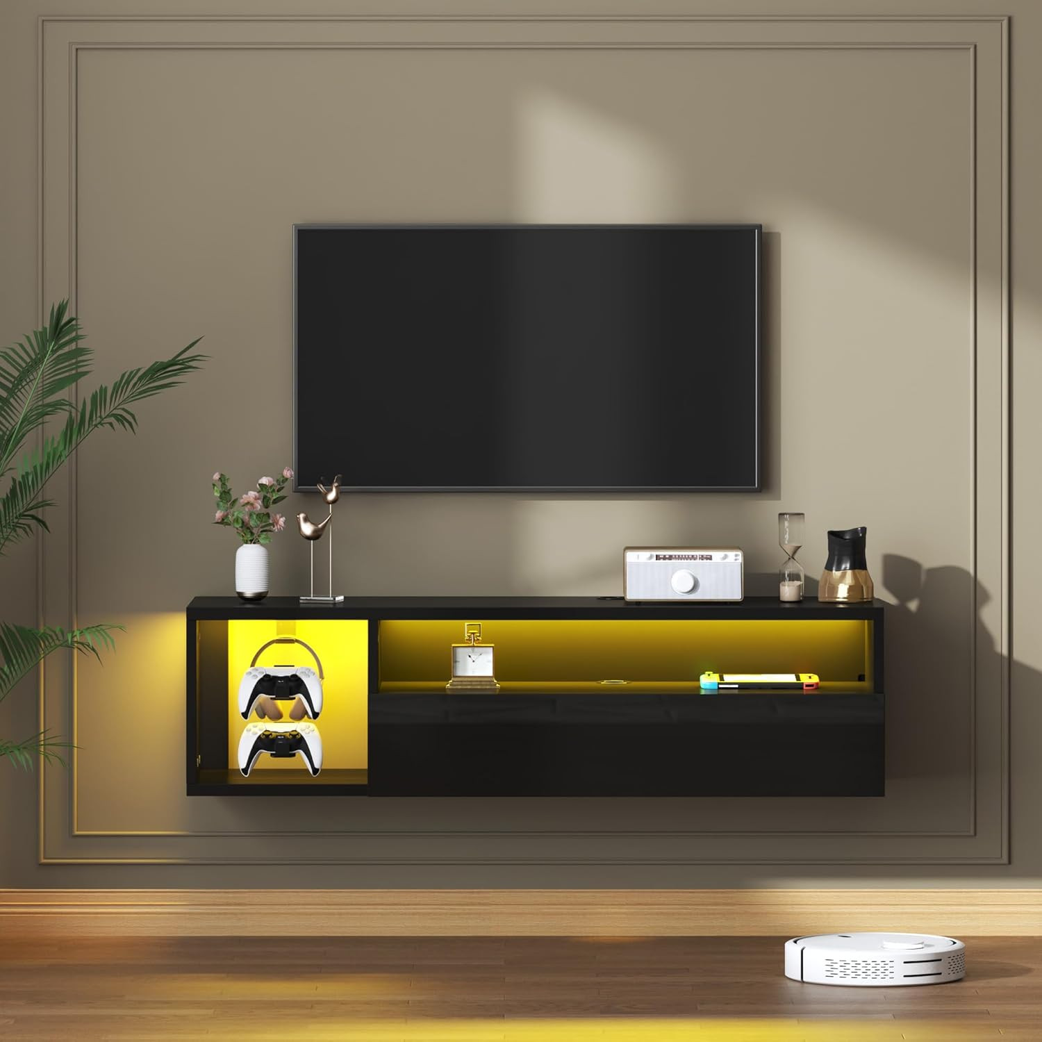 39'' LED Floating TV Stand, Wall-Mounted Media Console, Black