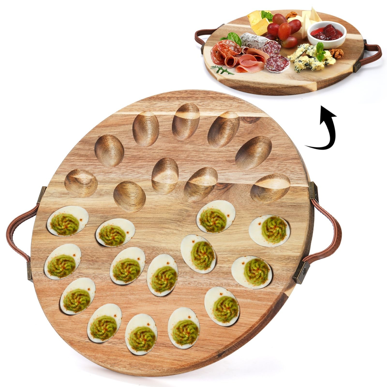 Acacia Wood 24-Hole Deviled Egg Serving Tray with Handles – Easter Essential