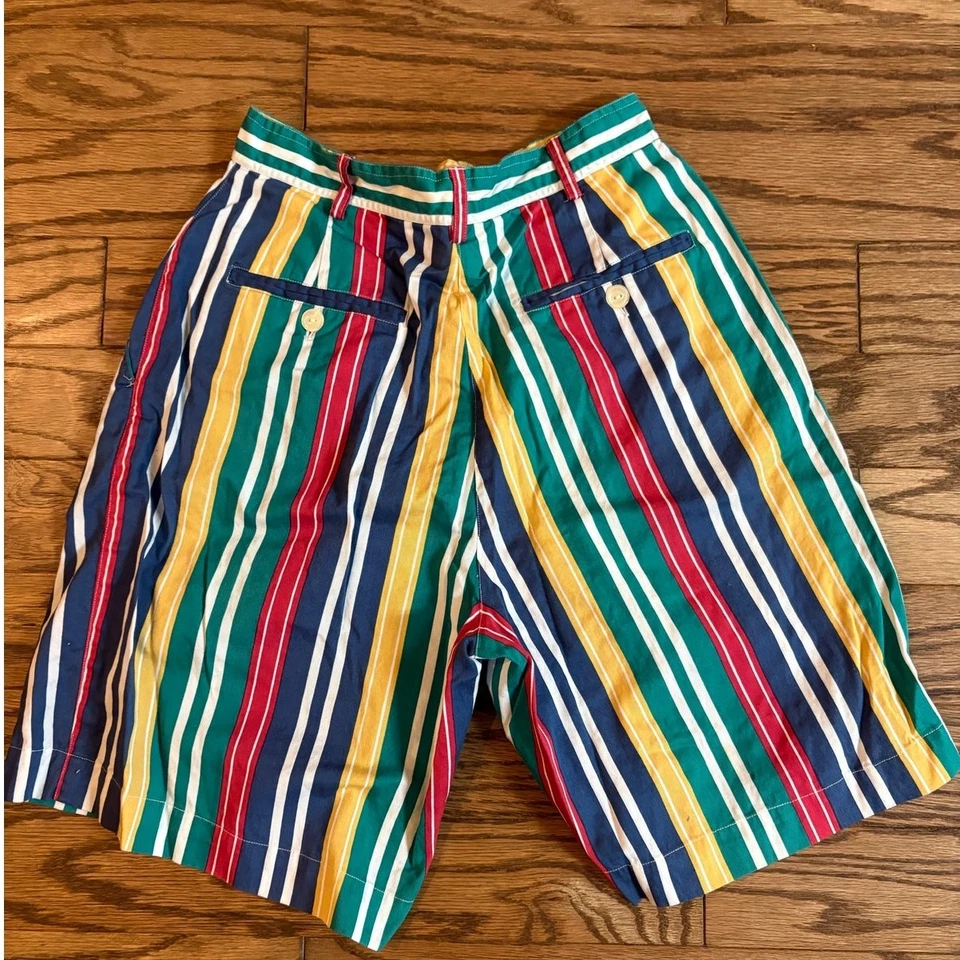 Shorts listrado cintura alta feminino cáqui britânico 6 vintage anos 90 retrô cor primária - Imagem 3 de 4