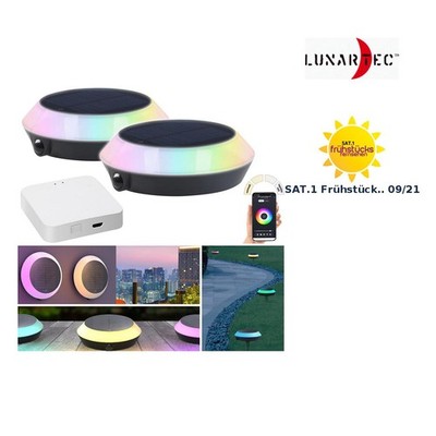 Lunartec 2er-Set Solar-Outdoor-Leuchten, RGB-CCT-LEDs, PIR, WLAN-Gateway, App