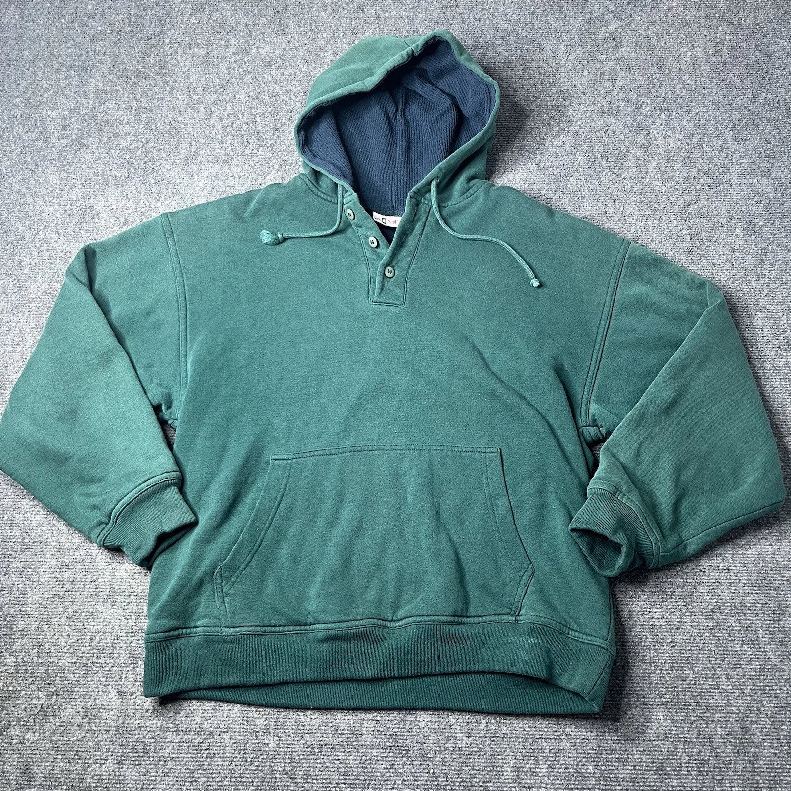 Vtg BI Wear Hoodie Sweatshirt Henley Mens L Thermal Lined Green Pull Over 1990s