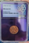 NGC Graded 1957-D 1C MS 66 RD - Trader Bea Purple Core - Wheat Cent
