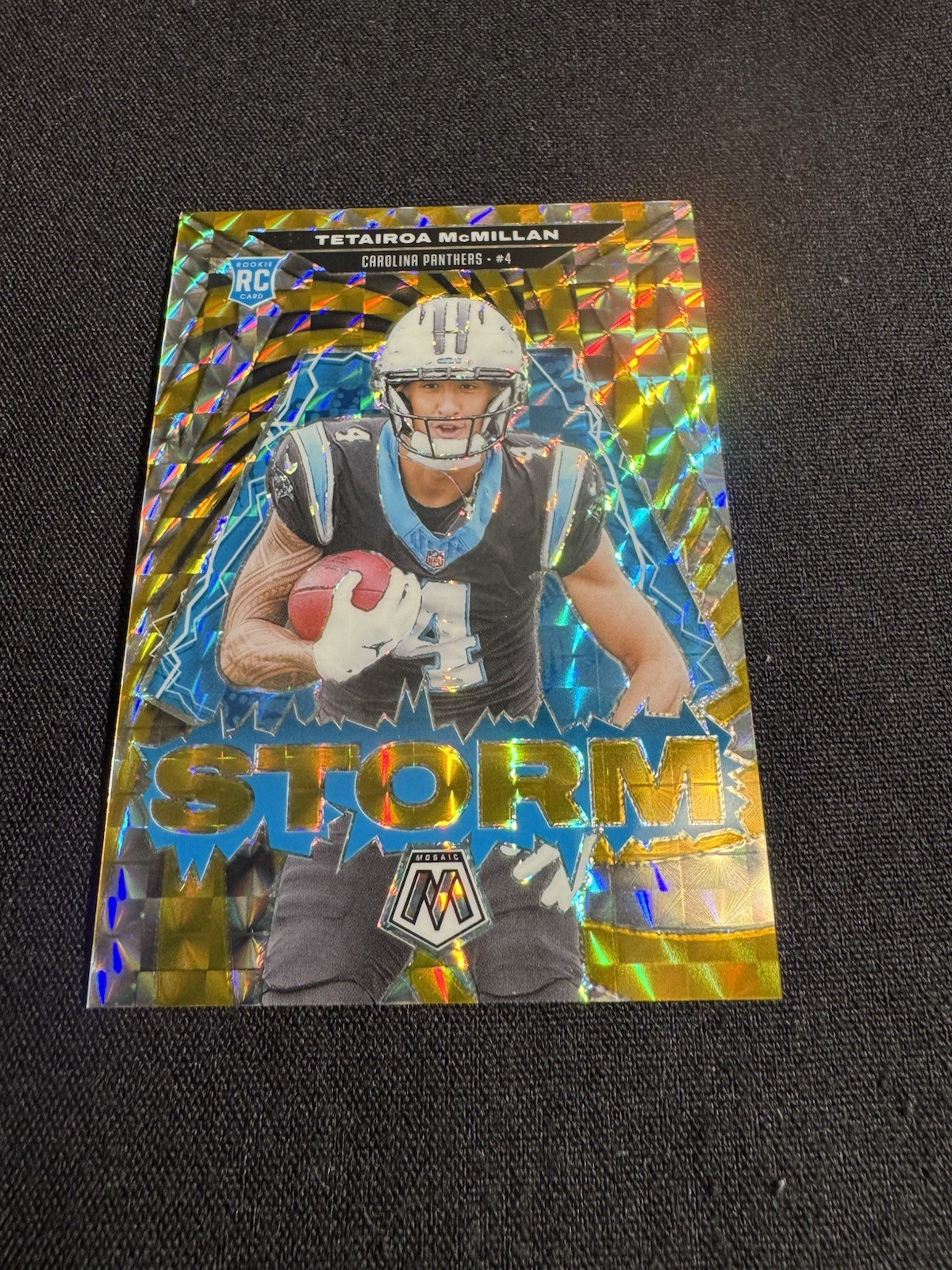 Tetairoa McMillan 2025 Mosaic 09/10 Gold Mosaic Prizm Storm Rookie Card