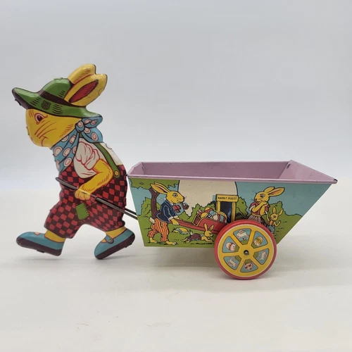 Vintage 1950's J Chein & Co. Easter Bunny Rabbit Pulling Cart Tin Litho Toy