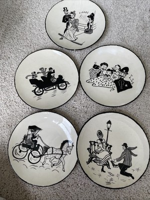Vintage Hand drawn Ceramic Signed Marg Beard 1954 Plates  Set Of 5
