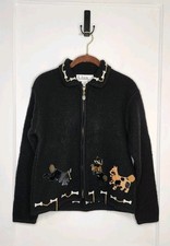 Cute 90s Boiled Wool Full Zip Cardigan Dogs Bones Lisa International Sz Petite M