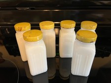Vintage Set Of 6 Griffith Milk Glass Art Deco Spice Jars With Yellow Metal Lids