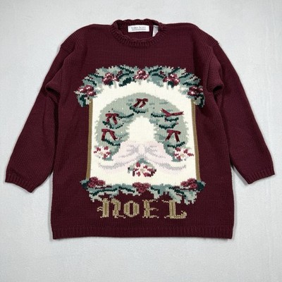 Vintage Christmas Sweater Womens Large Noel Wreath Bows Victorian 90s Pullover