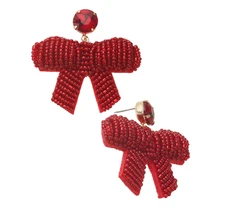 Holiday Lane Gold-Tone Red Glass Seed Bead Ribbon Bow Drop Earrings