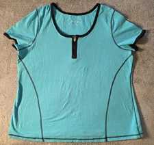 Fashion Bug Shirt Womens 2X Blue Black Zip Neck Short Sleeve Stretch Top Tee