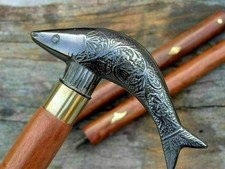 Wooden Walking Stick Vintage Antique Style Brass Victorian Fish Handle Cane Gift