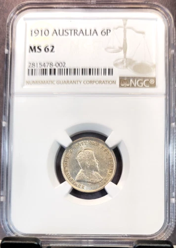 1910 AUSTRALIA 6 PENCE 6P KING EDWARD VII NGC MS 62 HIGH GRADE GREAT LUSTER