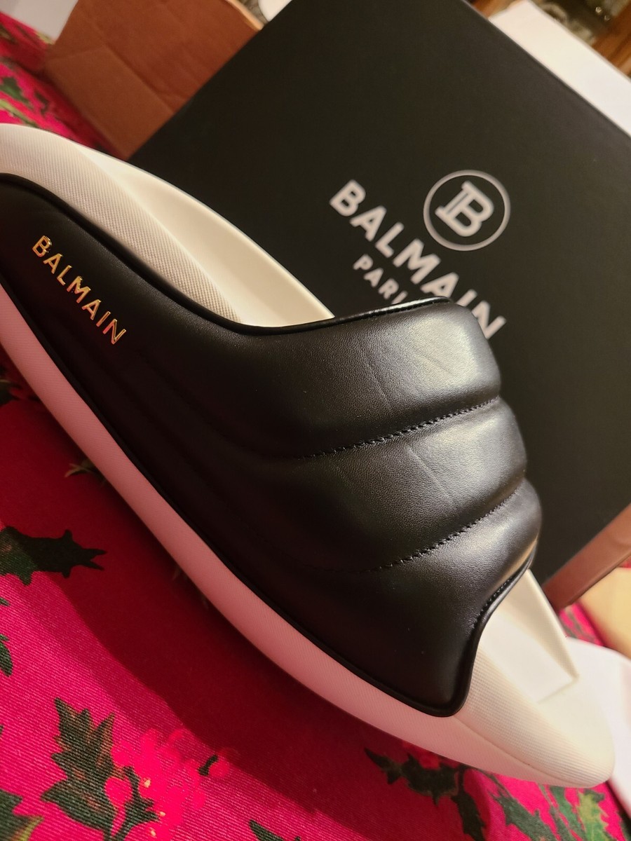 $795 Balmain Men's Black B-It Monogram-Printed Leather Slides Size