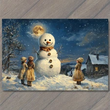 Art Print  Snowman Bright Moonlit Night Winter Nostalgia Holiday Display Christm