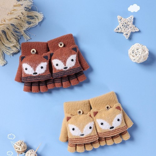Cartoon Fox Flip Fingerless Gloves Children Mittens Knitted Gloves Warm Gloves - Picture 7 of 14