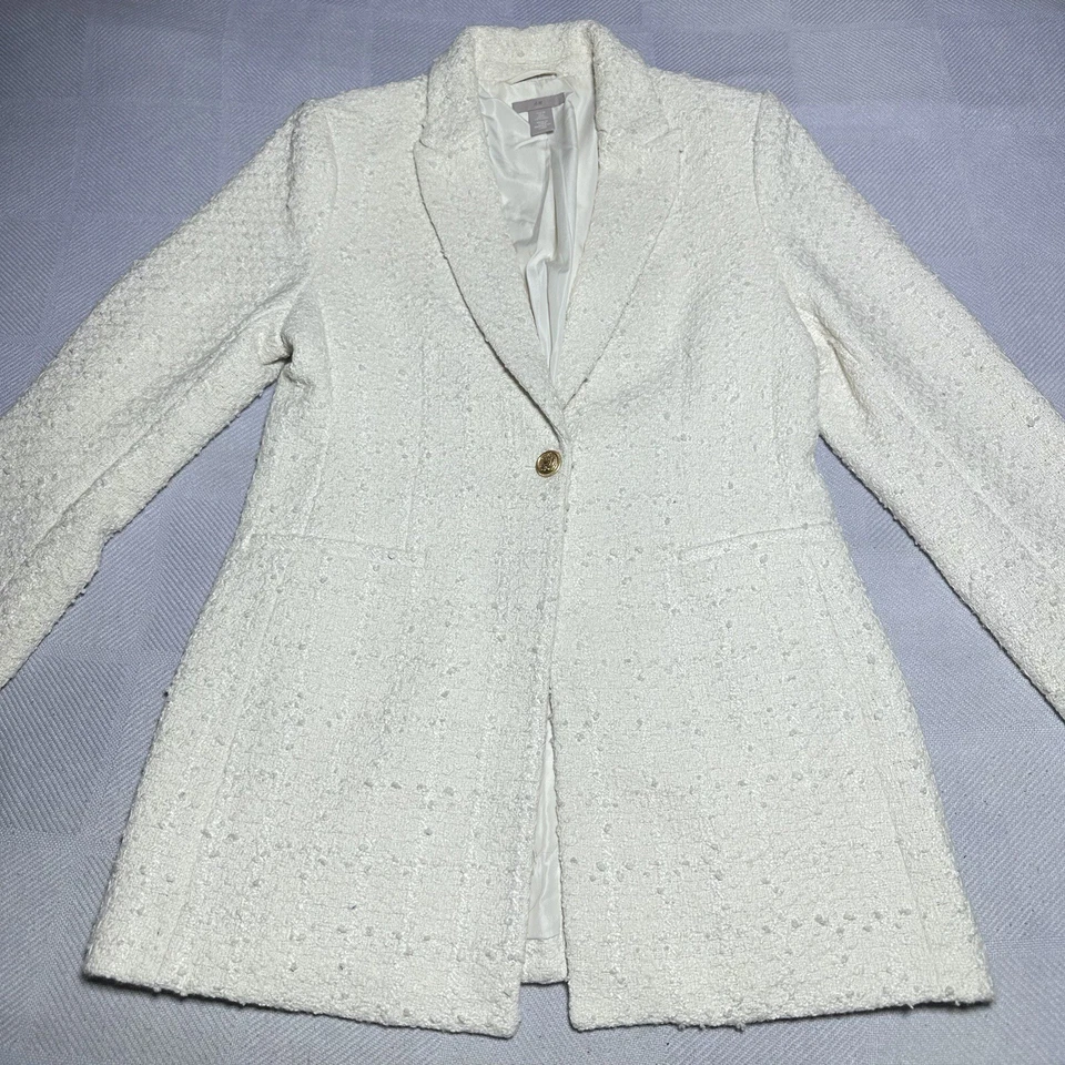 Блейзер женский H&M цвета слоновой кости белый букл текстурированное плетение золотая кнопка размер маленький - Изображение 2 из 4