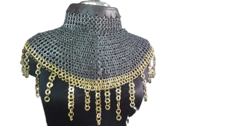 Collar de cota de malla | 9 mm plano remachado con anillo de latón/protector de cuello/manto Foto 3 de 4