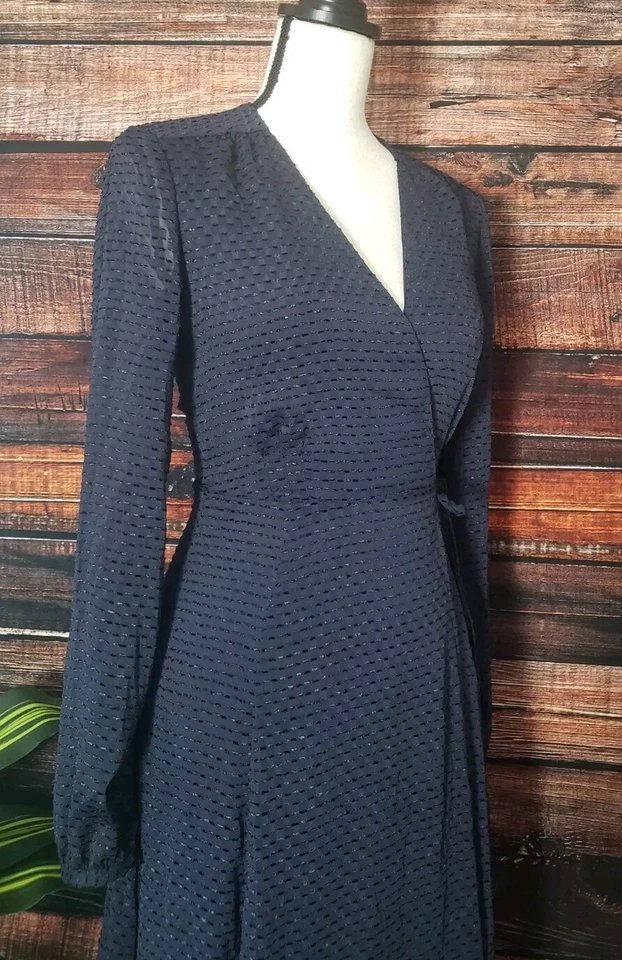 H&M Midi Dress Size 2 Long Sleeve Wrap Tie Textured Sheer Navy Blue Lined V-Neck - Image 2 of 4