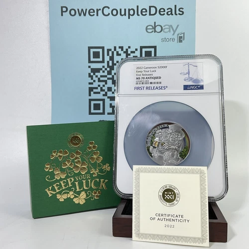 2022 Keep Your Luck S2000F Cameroon 50g Silver Coin NGC MS70 Antiqued w/ Ogp
